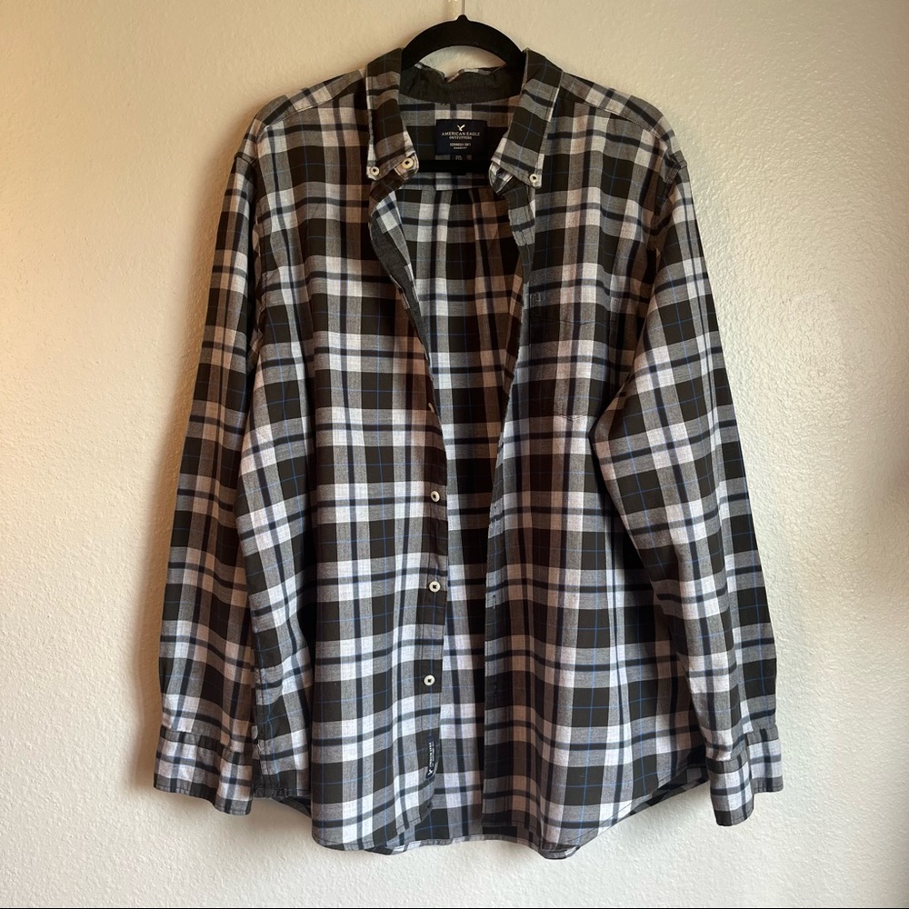AEO Mens Seriously Soft Classic Fit Black Gray & Blue Plaid Button Down XXL